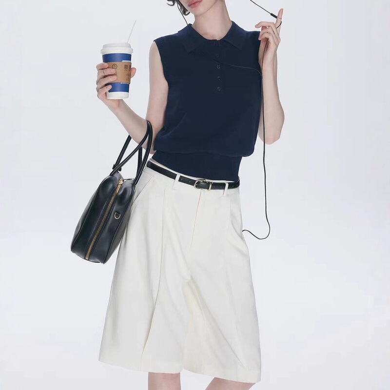 M1U Style Outfit/College Style Polo Collar Sleeveless Knitted Vest for Women Summer Retro Versatile Top M1U Style Outfit/College Style Polo Collar Sleeveless Knitted Vest for Women Summer Retro Versatile Top
