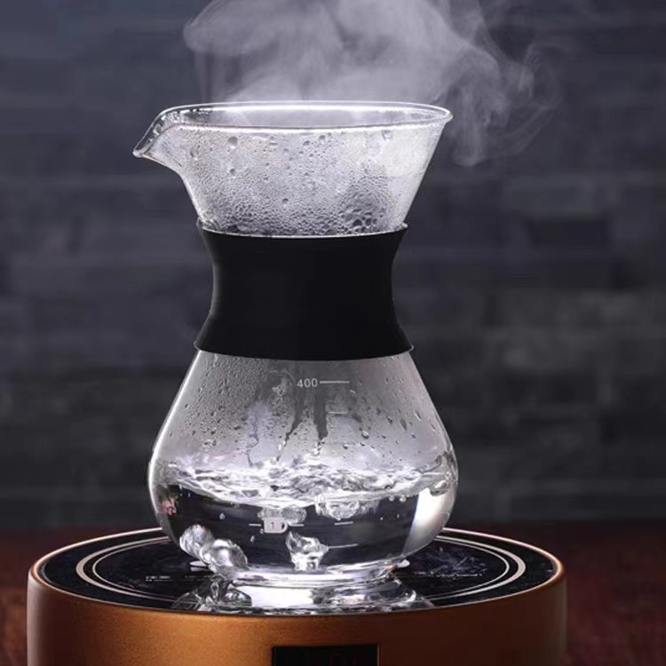 Olla de café de mano de vidrio de borosilicato con filtro de manga de silicona olla de intercambio de múltiples especificaciones olla de café de vientre redondo de gran capacidad