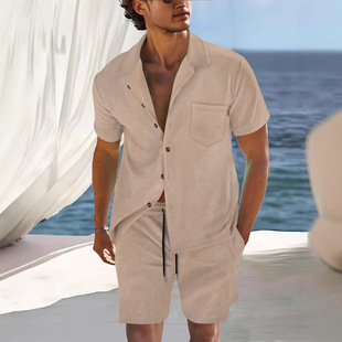 European and American Cross-border Short-sleeved Cuban Collar Shirt Men's Summer Thin suit Casual Sportswear Summer Shorts Shirt