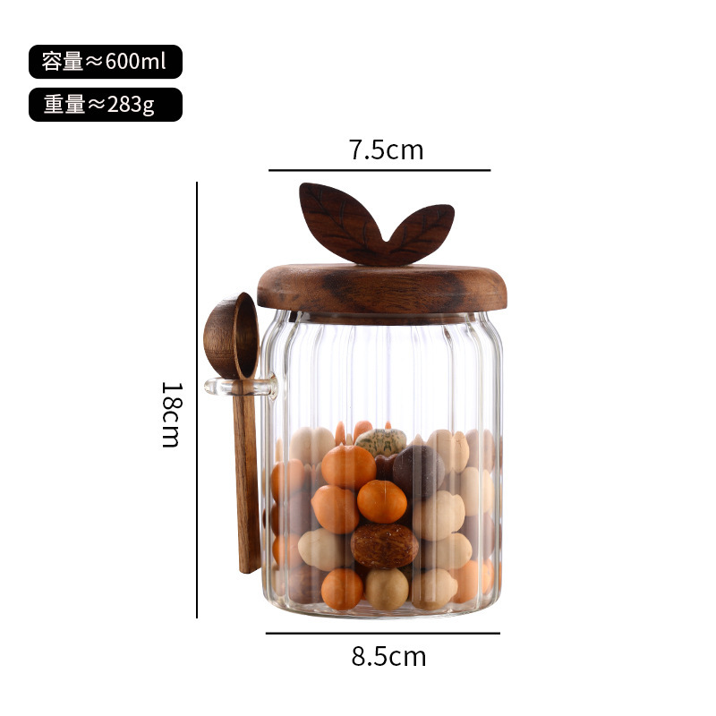 ストライプガラス貯蔵缶キッチンハーブスパイススプーン付き木製蓋ガラス密封缶代理食品貯蔵缶|undefined
