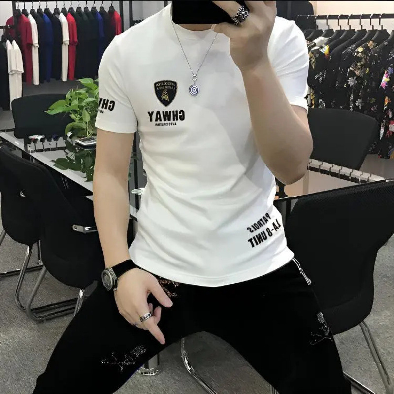 Pure Cotton European Style 2026 Summer New Trendy Brand Slim Fit Printed Short-Sleeve T-Shirt for Men, Round Neck, Breathable Top for Young People
