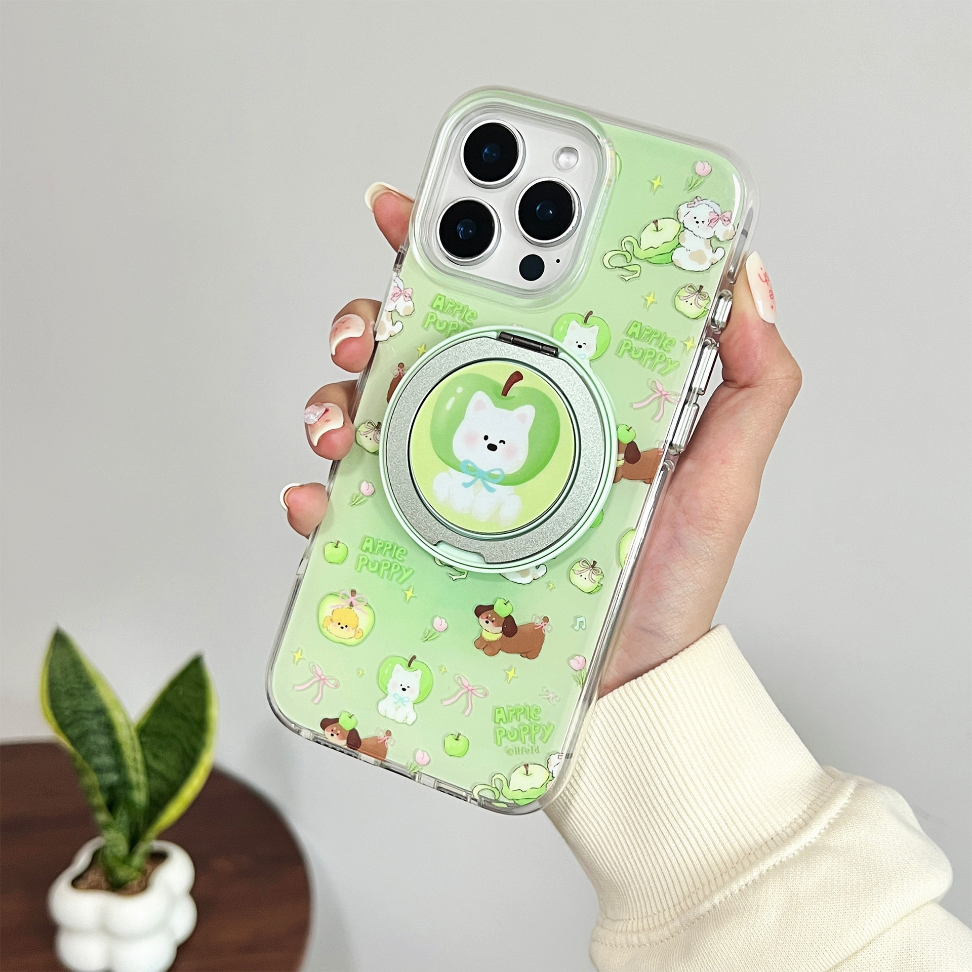 Soportes magnéticos de manzana verde 360 pequeños y frescos para iPhone15/16 funda para teléfono móvil 16ProMax femenino 14/13