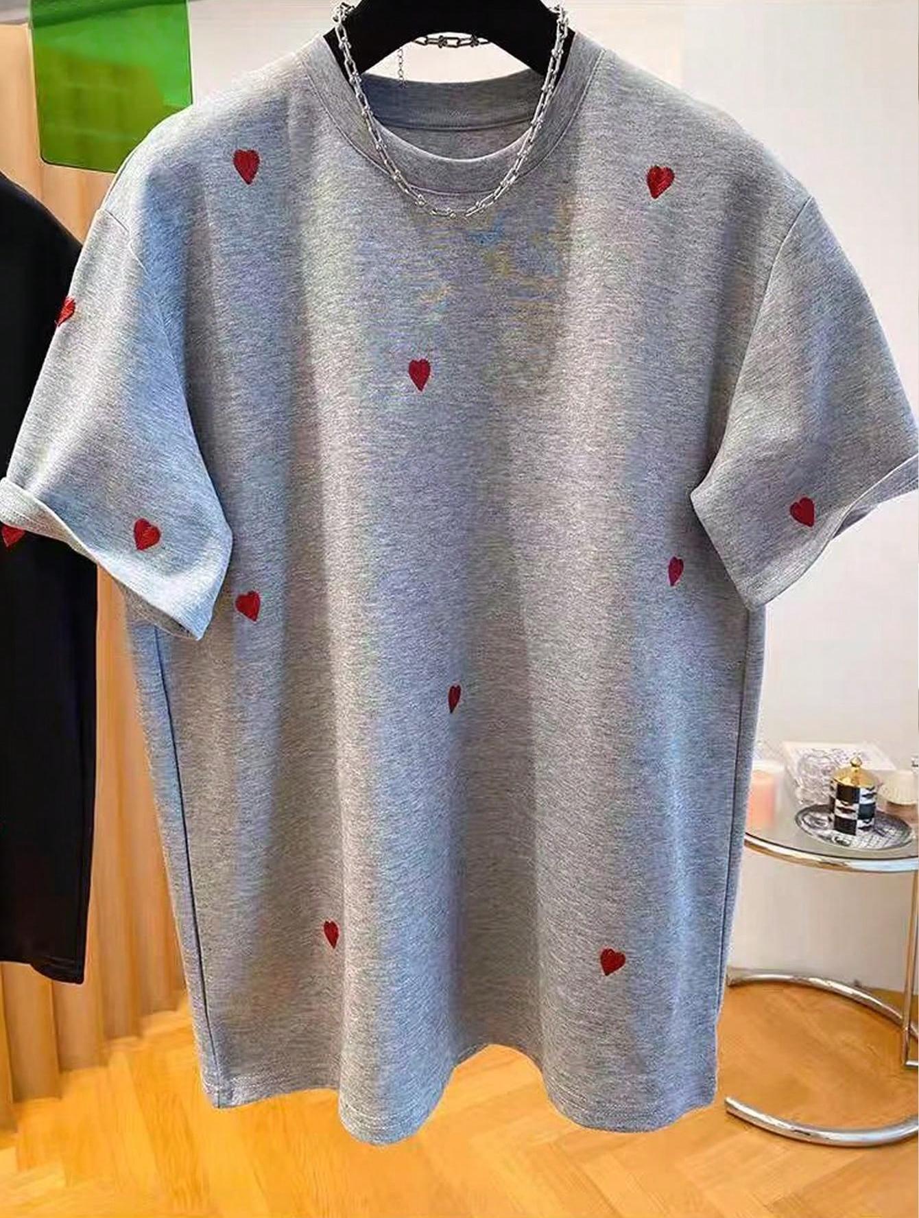 Women's Heart Embroidered T-Shirt Short Sleeved 3D Loose Fit European American Style Summer Top_ecoleips.com