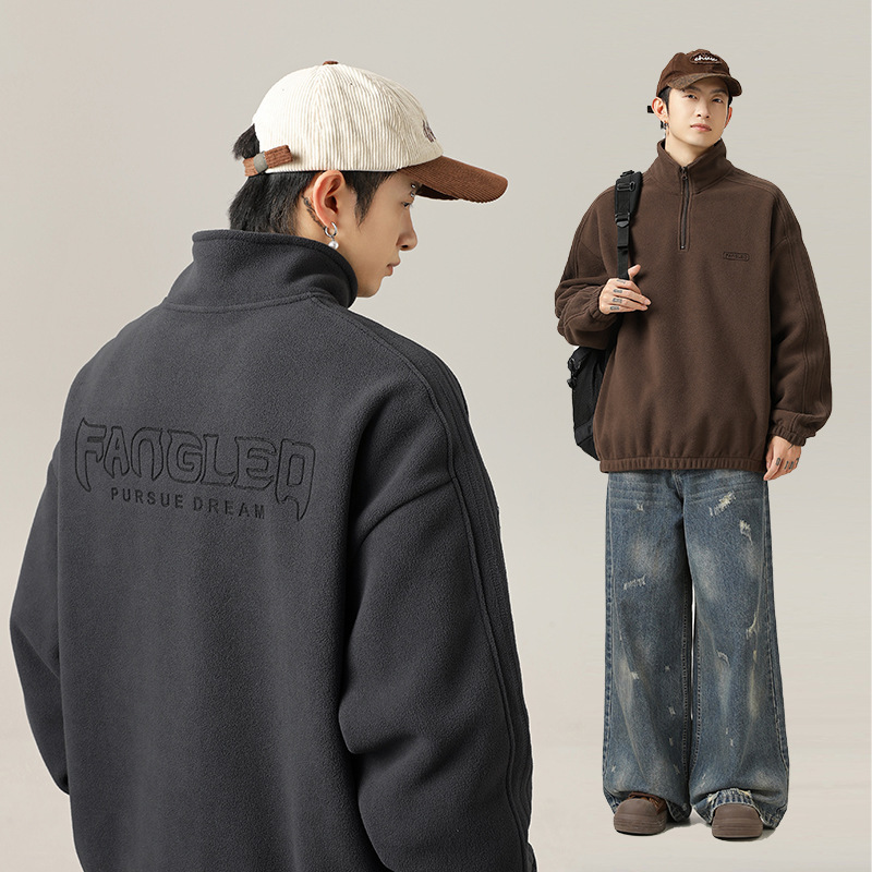 Heavyweight 430g Half-Zip Fleece Sweatshirt, Spring Style American Stand-Up Collar Jacket with Letter Print, Trendy Brand Outerwear