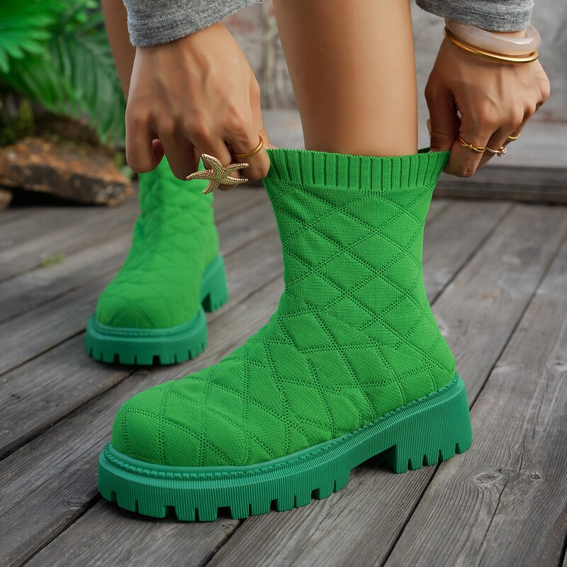 Foreign Trade Cross-Border Platform Socks Boots for Women Wish2025 Winter New Thick-Soled Large Size Round Toe Fly-Knit Breathable Short Boots 43