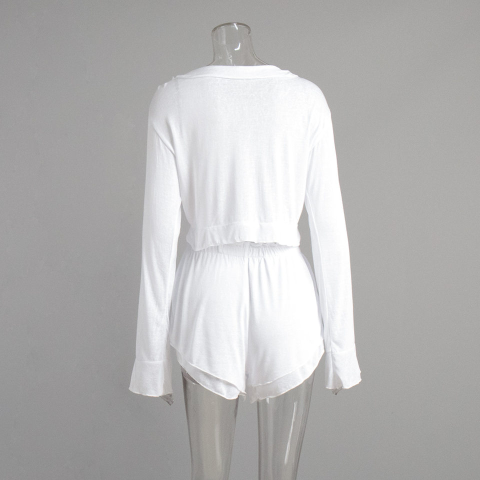 Bộ đồ ngủ nữ áo cardigan thắt dây kèm quần short dệt kim mặc nhà thoải mái — Màu trắng, Màu đen chi tiết 7