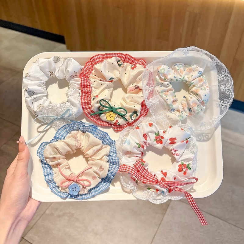 Anillo de cabello de intestino grande colección de anillo de cabello simple y fresco super inmortal flor triturada encaje adornos para el cabello popular cuerda de cabello al por mayor