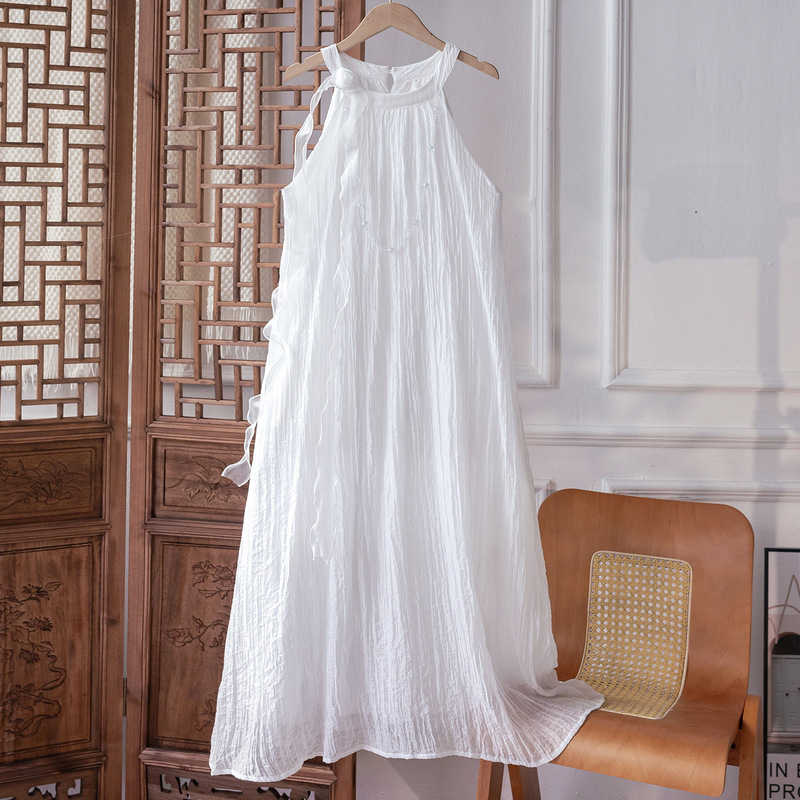French Round Neck Hanging Halter Skirt 2025 New Women's Summer Sleeveless White Ruffled Hanging dress