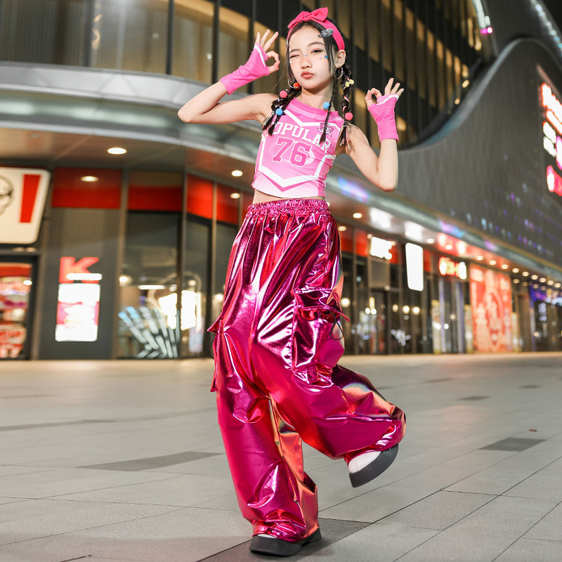 兒童爵士舞服裝時髦露臍上衣亮皮褲子套裝女童jazz舞蹈服街舞潮服