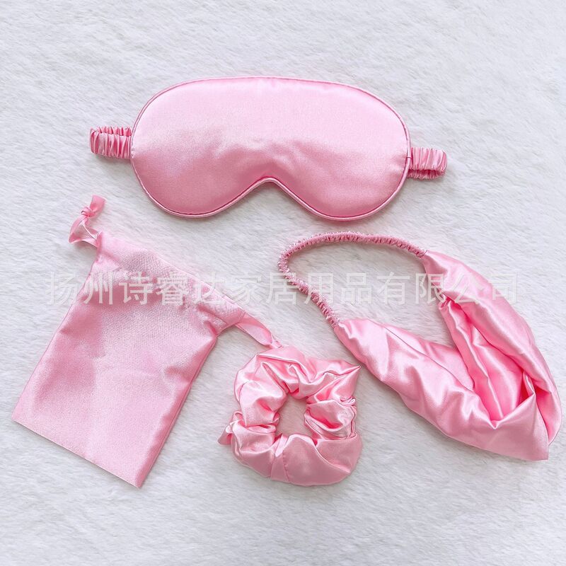 In stock artificial silk storage bag hair band hair ring eye mask four-piece set shading sleep Festival with hand gift eye mask suit