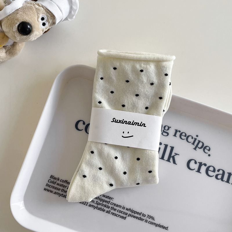 suxinaimin ソックス レディース 春と秋 吸汗性 インズ トレンド クリーム カールドット ミッドカーフソックス 文学産後ソックス|undefined
