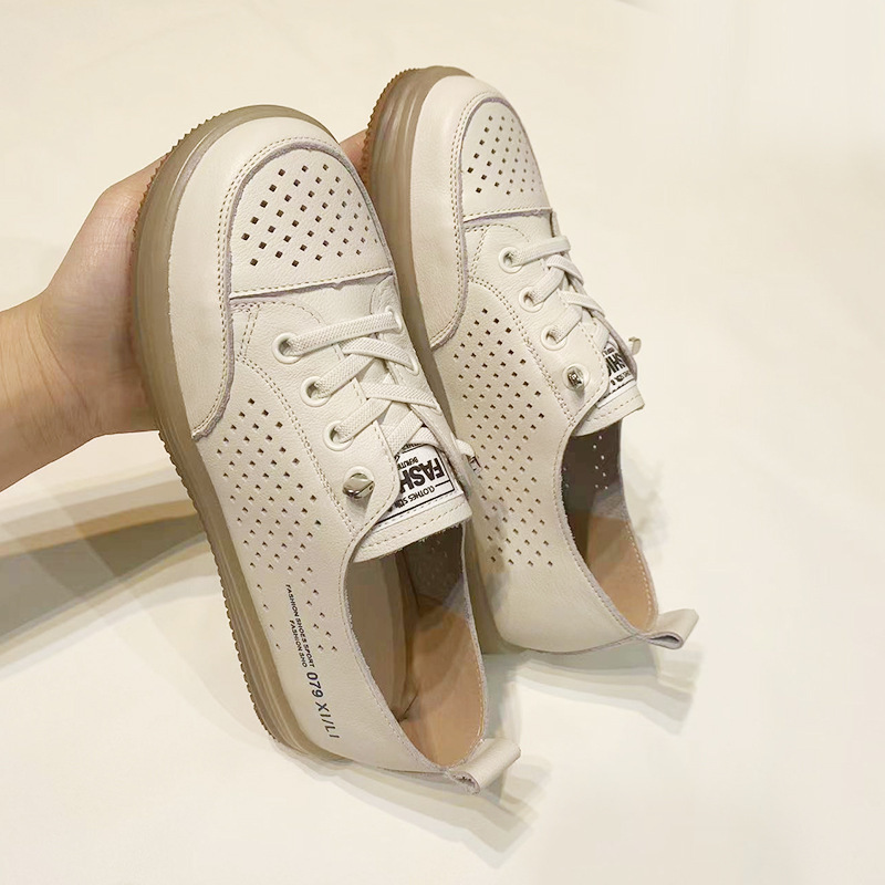 Top Layer Cowhide White Shoes Women's Casual Soft-soled Cave Shoes All-match Comfortable Non-slip Breathable Pregnant Women Flat Sandals