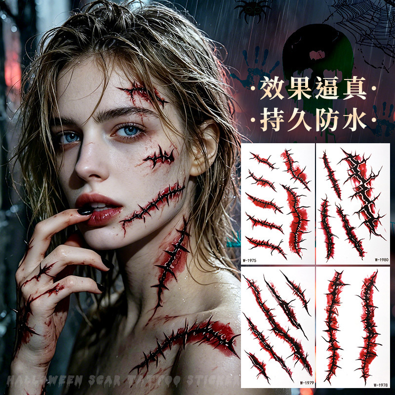 Cross-border Halloween realistic stitched scar tattoo stickers, custom face stickers, waterproof and long-lasting, European and American disposable makeup stickers Cross-border Halloween realistic stitched scar tattoo stickers, custom face stickers, waterproof and long-lasting, European and American disposable makeup stickers
