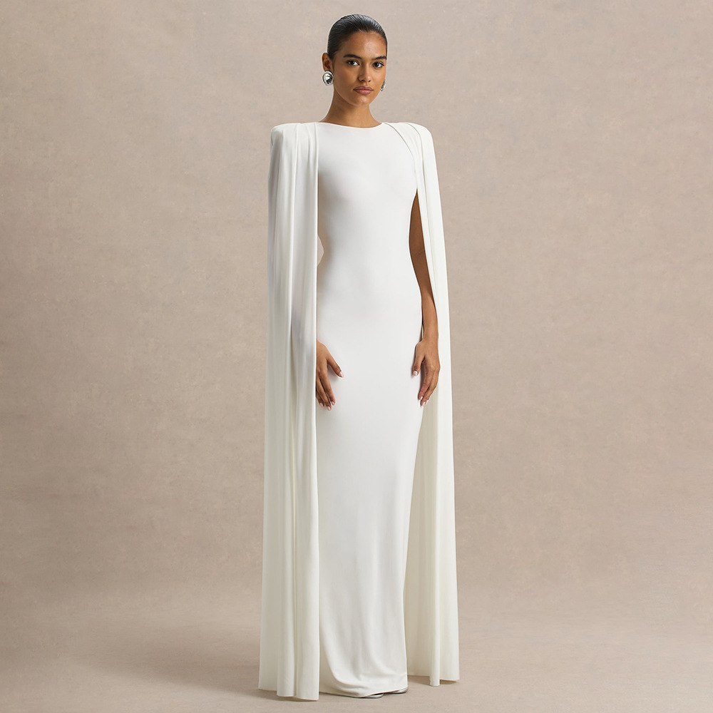 Elegant Women's Party Dress With Pleated Cape - Round Neck Solid Color Maxi Dress For Banquet & Evening Occasions_ecoleips.com