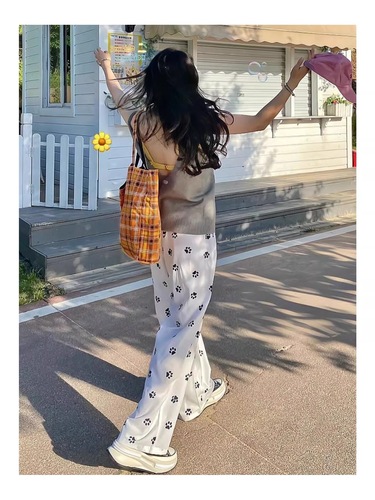 American Retro Loose Straight Leg Sports Pants for Women with Full Print Dog Paw Polka Dot Ground-Long White Pants