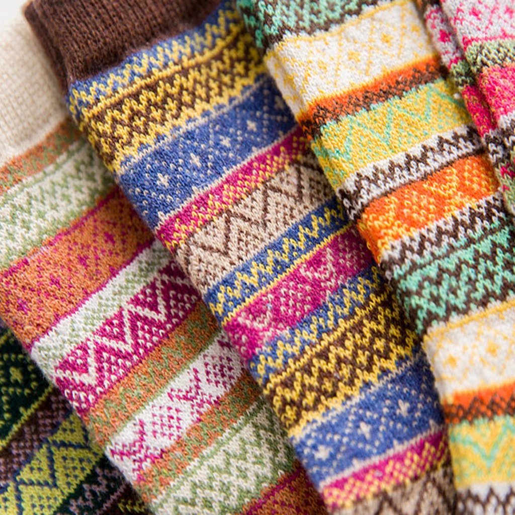 Demi‑season wool socks, retro ethnic pattern, warm ankle crew, one size (average)