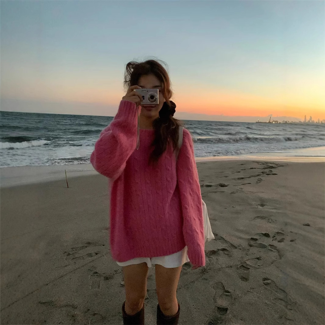 韩国 the barnnet 24新款 麻花针织套头粉毛衣