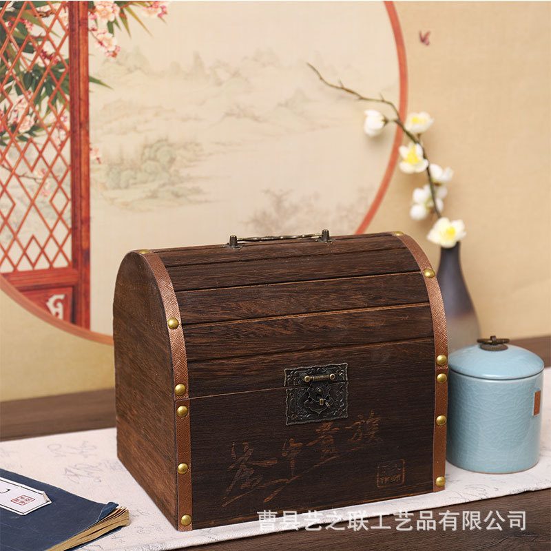 厂家现货复古木质茶叶盒翻盖桐木烧色茶叶盒木质茶叶包装礼品盒