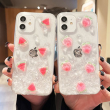 iPhone滴膠手機殼適用於蘋果13水果西瓜11水蜜桃12女xsmax透明SE3