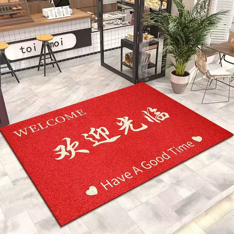 批发代发红底欢迎光临丝圈地垫入户脚垫商铺地毯商用迎宾进门垫子