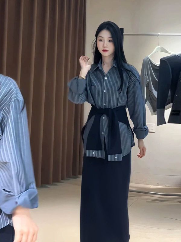 大码胖MM轻奢韩系简约春秋季时尚显瘦套装女披肩衬衫半身裙三件套|undefined
