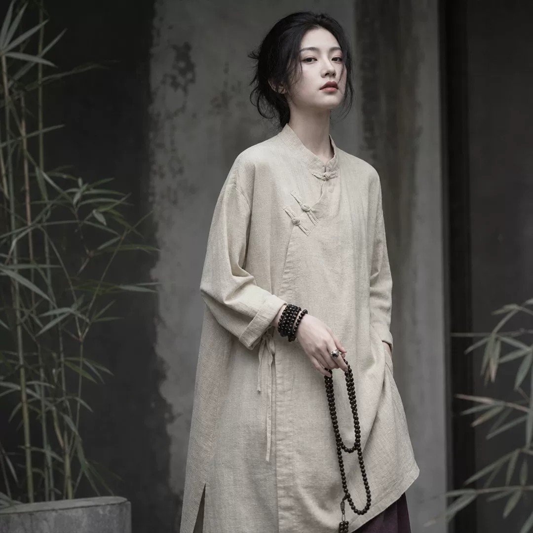 禅意佛系女装中国风禅服上衣中式复古女装棉麻砂洗长款居士服汉服
