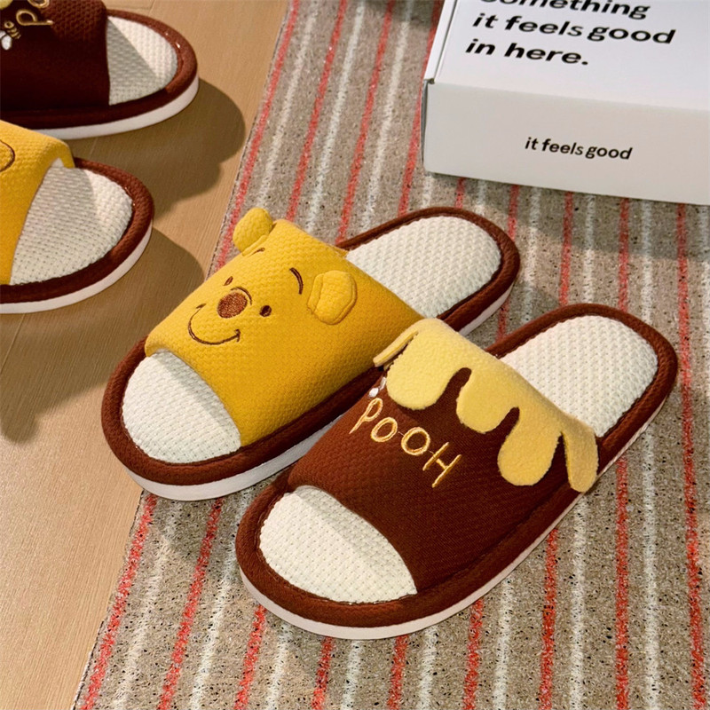 Ins Cute Winnie the Pooh Men's and Women's Cotton and Linen Slippers Fun Spring and Summer Comfortable Non-Slip Casual Floor Shoes