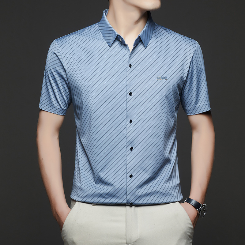 26 New Summer Style Men's Seamless Business Casual Short-Sleeved Shirt, Light Luxury Striped Versatile Stretch Shirt with Half-Sleeve Lapel