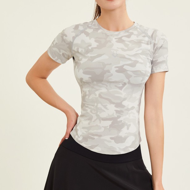 Ropa de ejercicios desnuda para mujeres delgada helada de cuello redondo con mangas de hombro para correr camiseta deportiva delgada ropa de yoga roja en línea