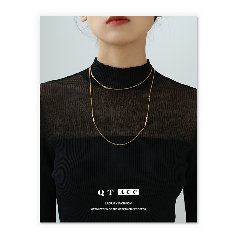 Alta retención de color chapado en oro estilo minimalista europeo y americano nicho moda todo-fósforo ZIRCON incrustaciones de titanio Cadena de acero collar de doble capa