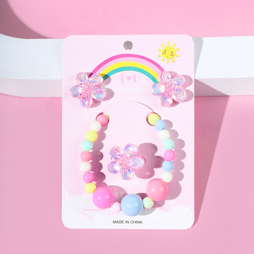 Fashion Flower Plastic Beaded Girl's Rings Bracelets Earrings 1 Set display picture 1