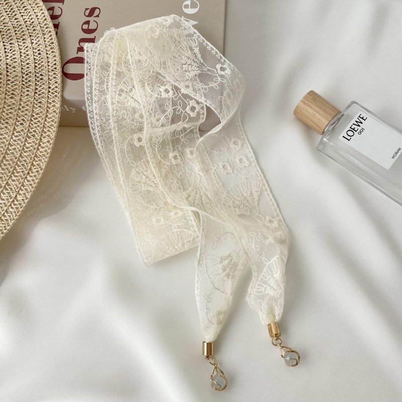 Pequeña correa de cabello personalizada nueva flor de encaje coreano decoración bufandas pequeñas bufandas delgadas colgante largo seda