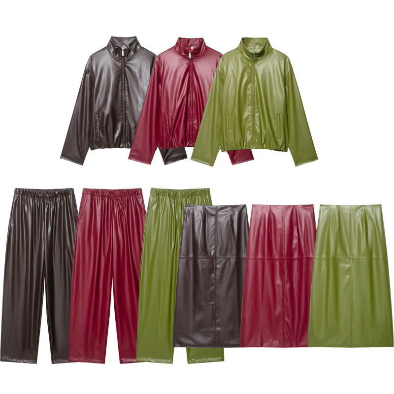 Cross-Border Export Women's Clothing 2025 Autum European and American Pure Color Pu Jacket + Pu Skirt + Pu Pants Suit Women's Wholesale