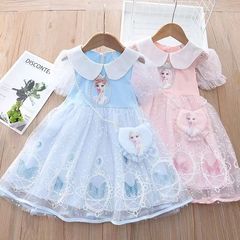 Girls Elsa Princess Dress 2023 Summer Dress Children's Frozen Style Mesh Dress Baby Short Sleeve Dress
