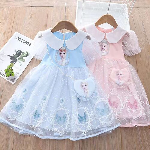 Girls Elsa Princess Dress  Summer Dress Children's Frozen Style Mesh Dress Baby Short Sleeve Dress