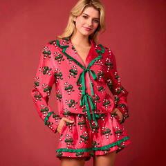 S5588クロスボーダー女服クリスマスリボン蝶結び長袖半ズボンパジャマセット女性
