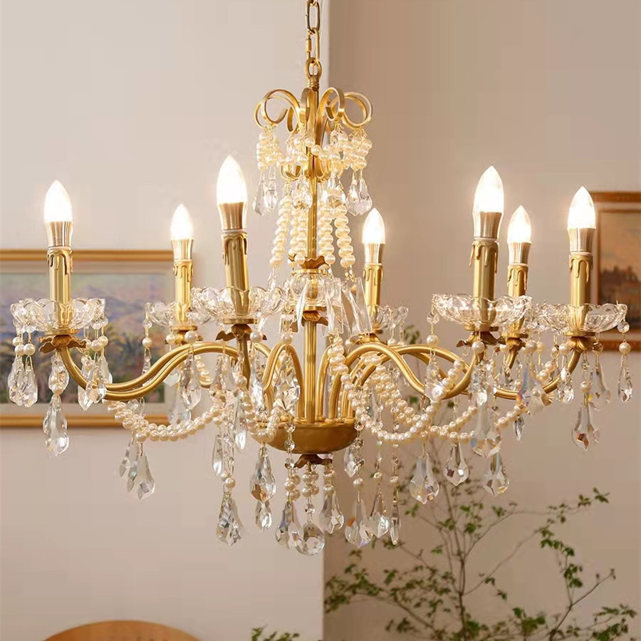 法式水晶珍珠吊灯 美式欧式别墅客厅餐厅卧室全铜灯具8头