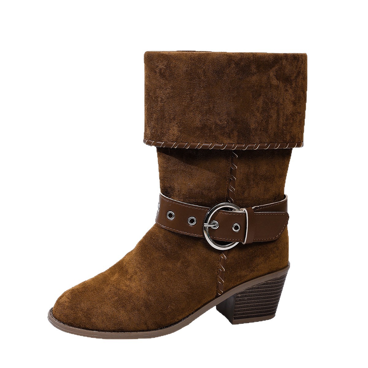 Women's Winter Belt Buckle Turn Up Mid Heel Riding Boots Chunky Heel Plus Size Western Mid Calf Boots_voghion.com