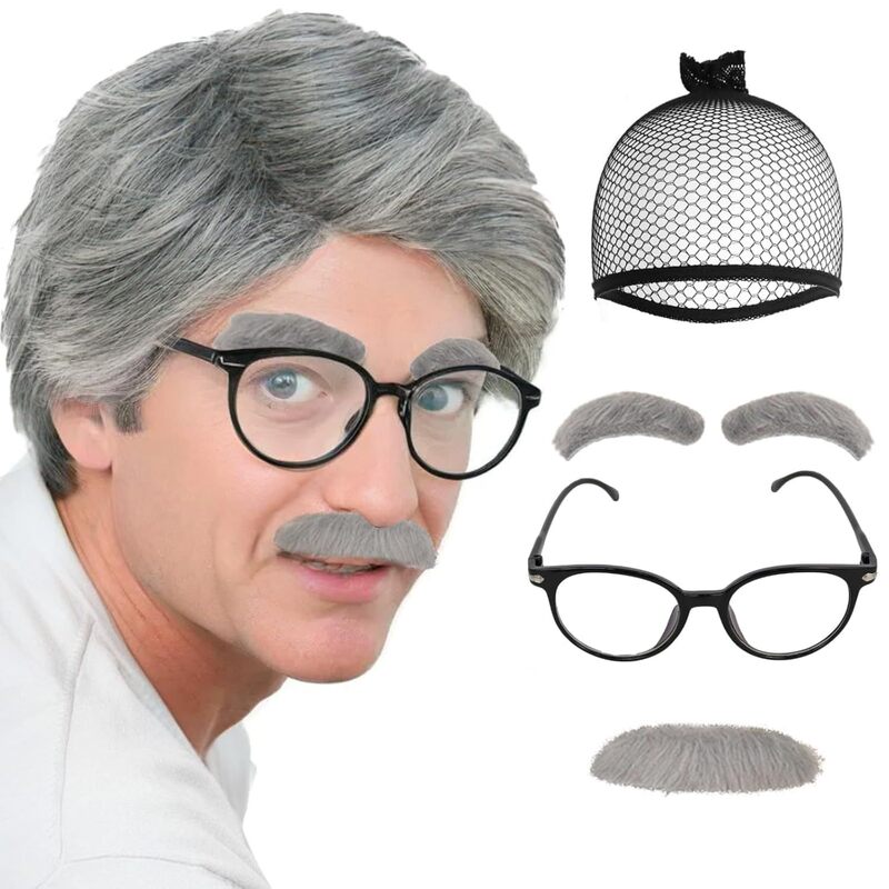Amazon Cos Grandpa Wig Beard Middle-Aged and Old Men Grandpa Gray Wig Performance Dress up Set