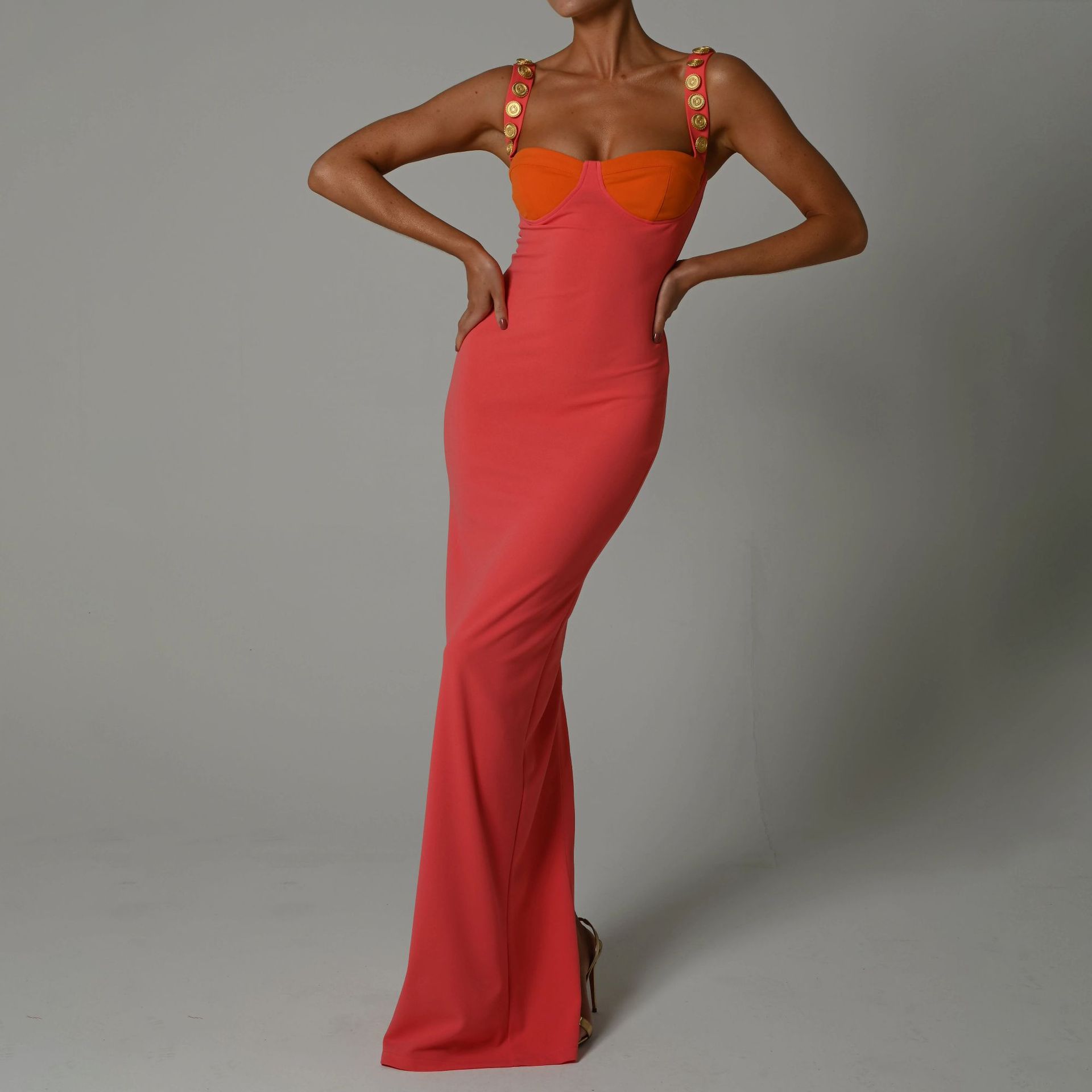 Sling Low-Cut High-Slit Backless Tight Contrast Color Dress NSFD115818