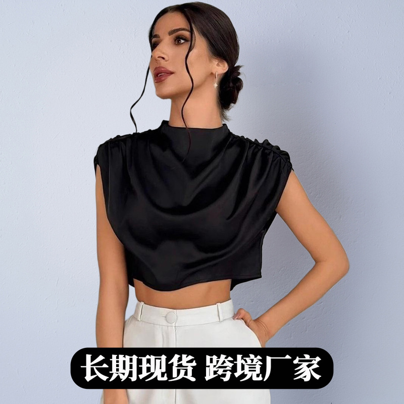 Aliexpress Hot-Selling Women's Faux Silk Shirt, New Spring/Autumn 25 Style, Satin Pleated Short Top
