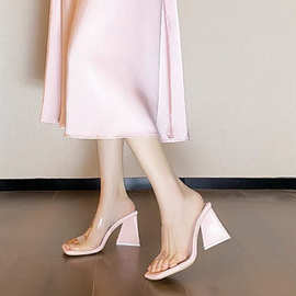 法式方头透明高跟鞋2025夏季新款外穿仙女风气质配裙子粗跟凉拖鞋