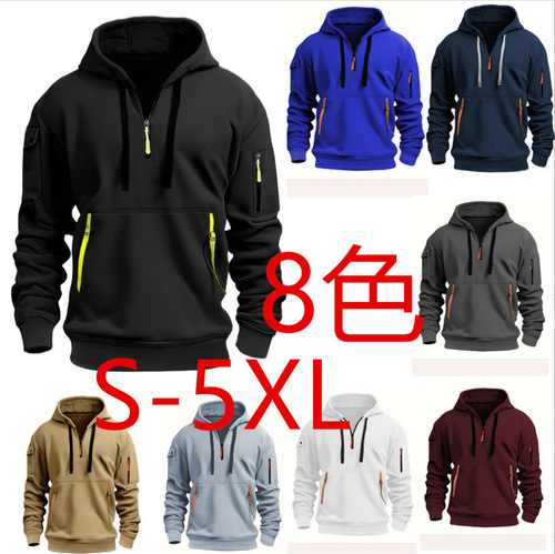 Men's Cross-border Hooded Sweatshirt Casual Sport Long-sleeved Top with Pockets Zipper for Autumn and Winter