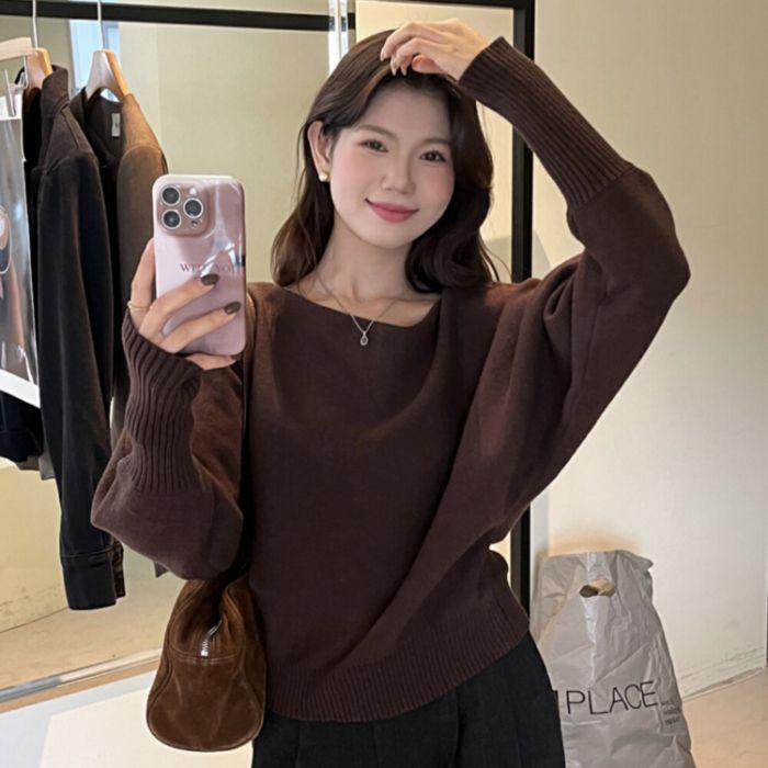 一字领露肩慵懒小众显瘦长袖上衣女高级感气质秋季韩系温柔针织衫|undefined