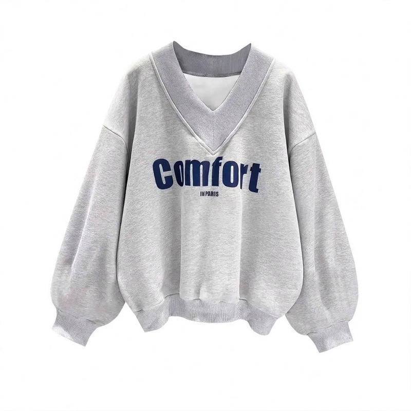 2026 Amazon Cross-Border Foreign Trade Spring and Autumn Gray Sweatshirt Women's Fashion Casual Loose Versatile V-Neck Top 2026 Amazon Cross-Border Foreign Trade Spring and Autumn Gray Sweatshirt Women's Fashion Casual Loose Versatile V-Neck Top