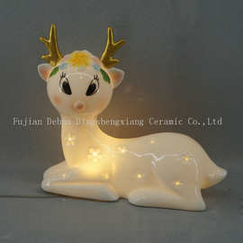 圣诞陶瓷卡通梅花鹿LED摆件造型 彩绘圣诞卡通动物节日发光工艺品