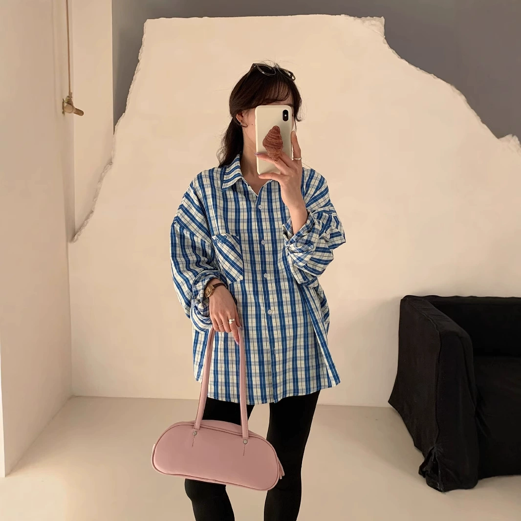 Ранняя весна американский модный костюм для беременных с длинными рукавами клетчатая рубашка Корейская версия повседневного свободного материнства синий клетчатый топ