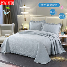 厂家批发 新款绗缝青色素馨花飞边床上三件套 北欧简约床上用品