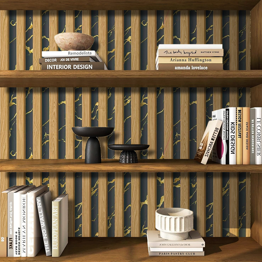 Papel pintado autoadhesivo de madera y mármol negro y amarillo_voghion.com