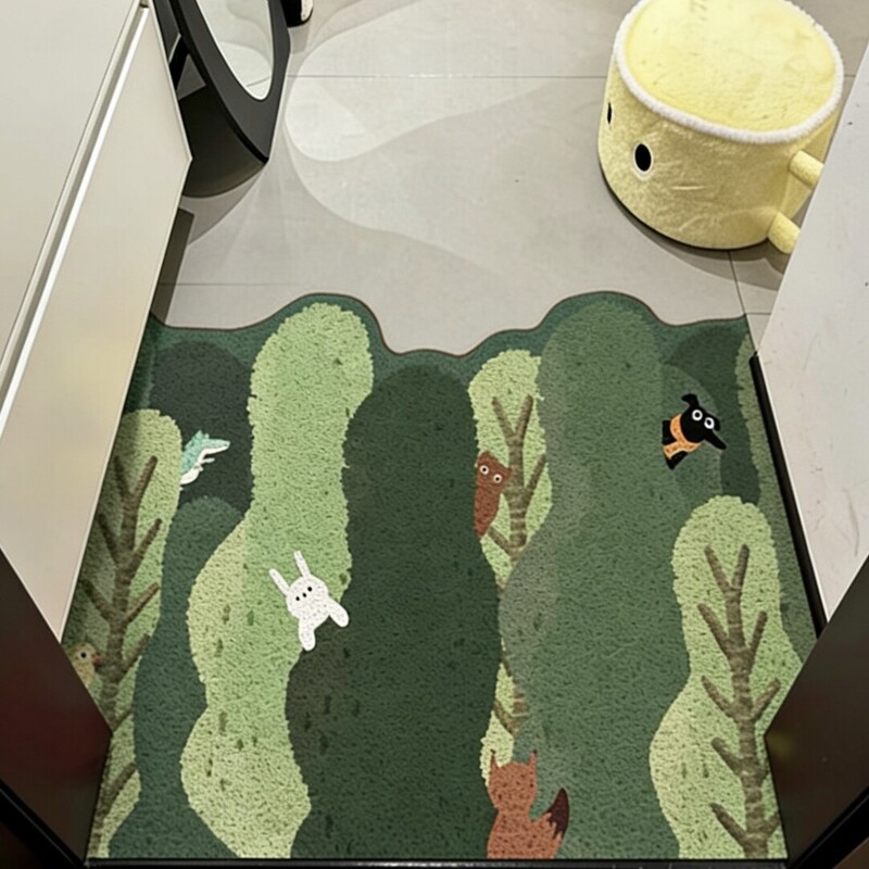 Creative Forest Animal Cartoon Silk Loop Floor Mat, Non-Slip Entrance Door Mat for Living Room, Bedroom Door Mat, Anti-Slip Entry Mat